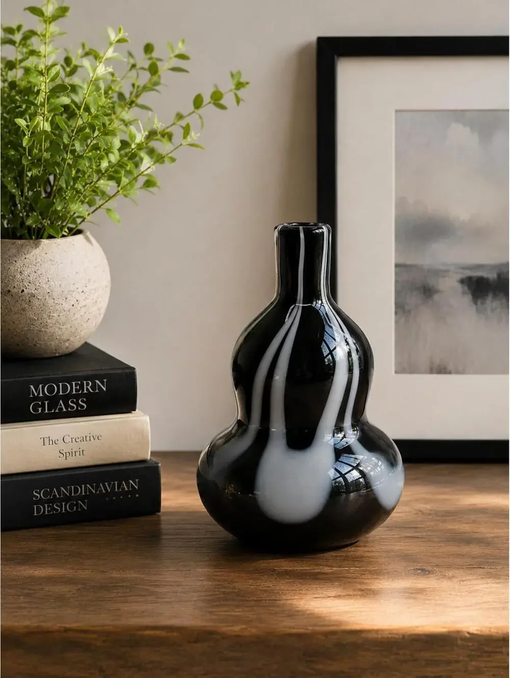 Vintage Hand Blown Studio Art Glass Vase Black Gray Pulled Feather Swirl 6.5